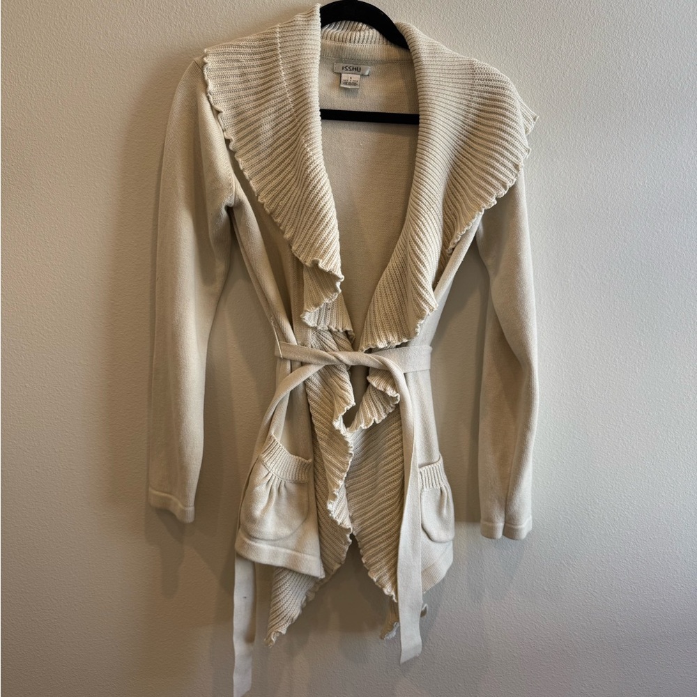 Cream Ruffled Cardigan Sweater
